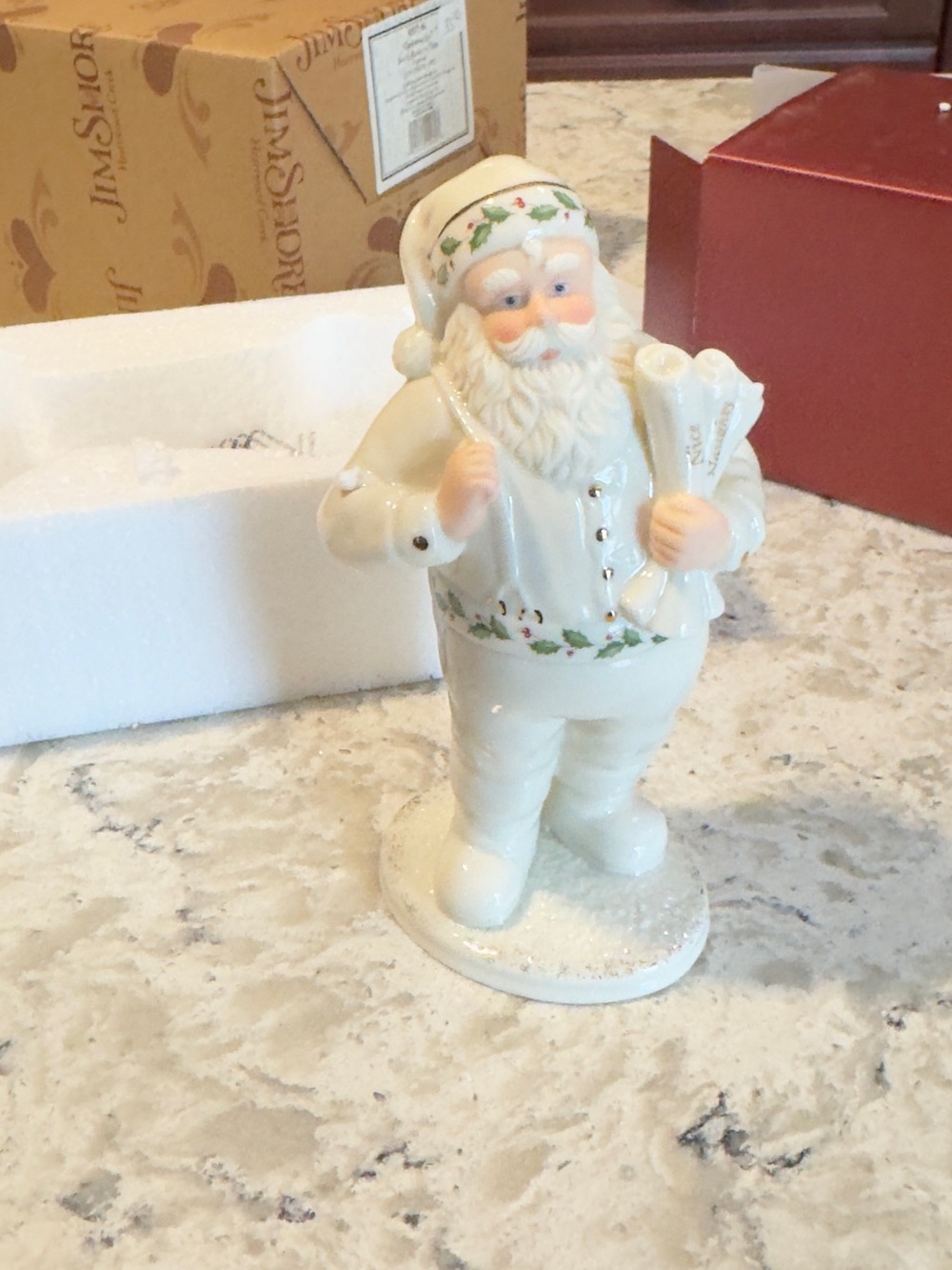 Jim Shore Cream and Green Ceramic Santa Figurine with Holly Trim
